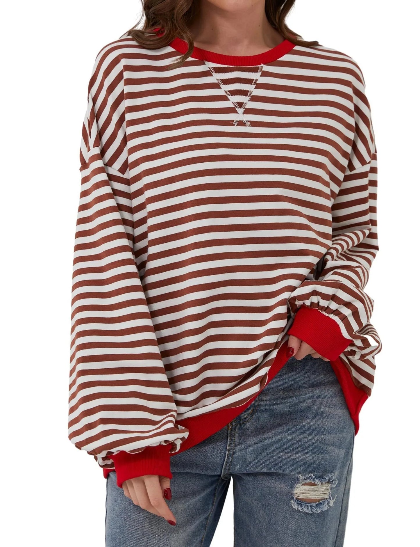 Women's Striped Crew Neck Long Sleeve Pullover Sweater for Fall/Winter Homewear