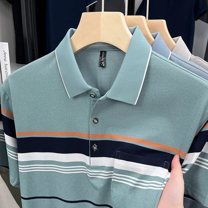 Luxury Color-Block Striped Polo Shirt