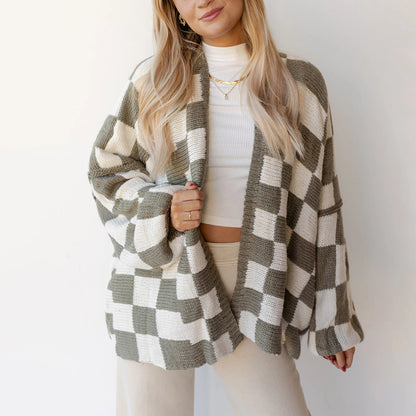 Plaid Ease Oversized Open Front Cardigan