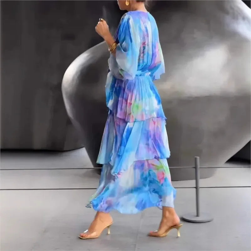 Elegant Ruffle Chiffon Lace-Up Dress