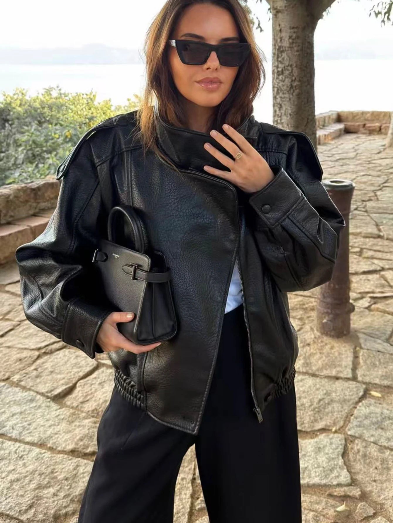 Women’s Faux Leather Loose Jacket – Zipper Coat