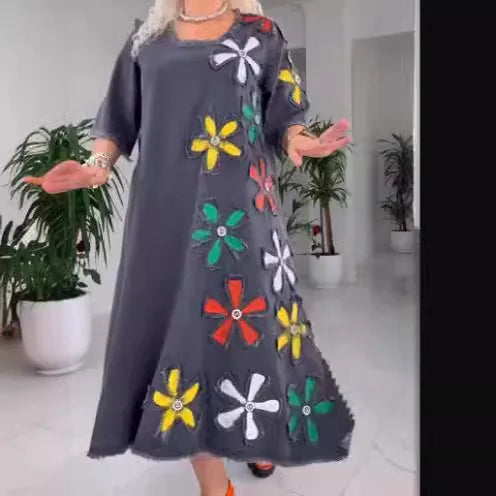 Elegant Floral Patch A-line Midi Dress