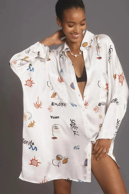 Chic Doodle Print Cardigan Dress