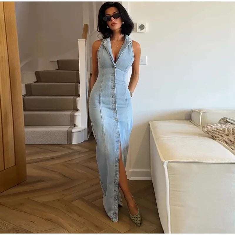 Urban Edge Denim Slit Maxi Dress