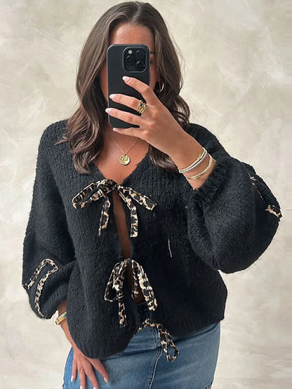 Leopard Lace-Up V-Neck Cardigan