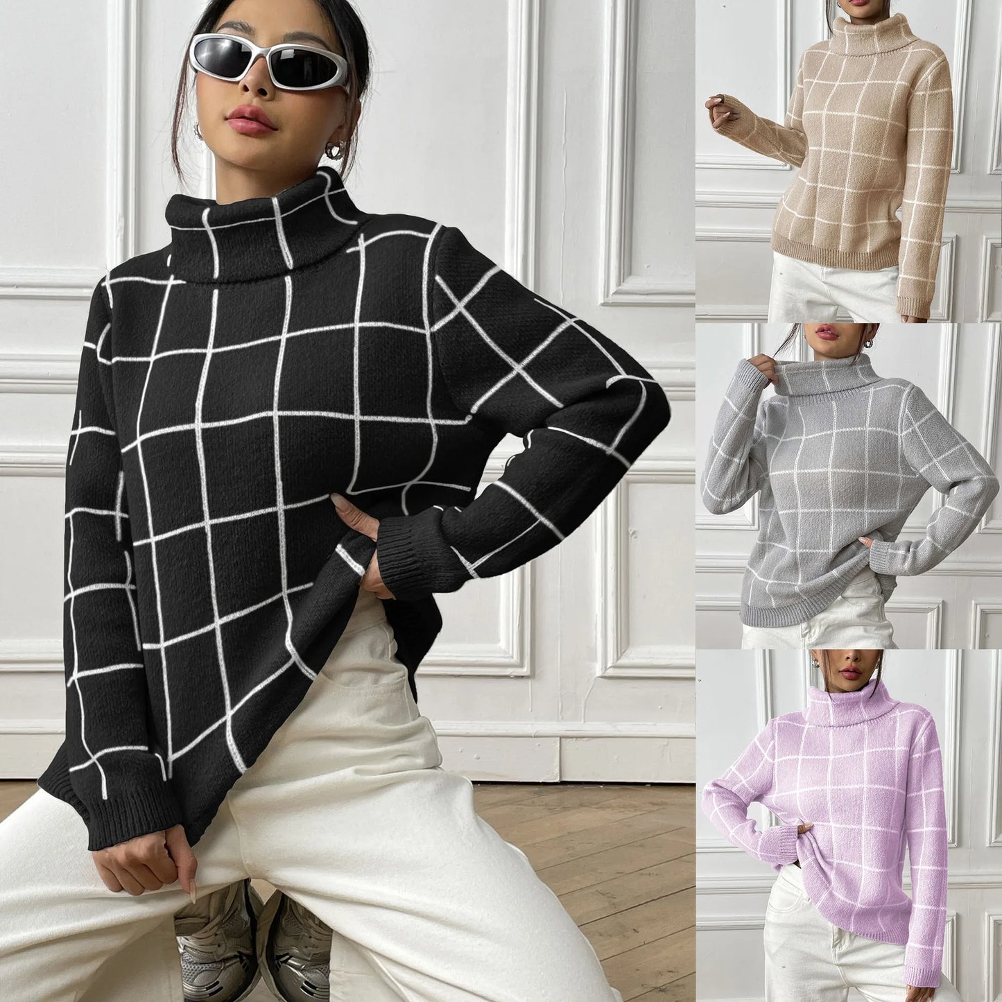 Plaid Muse Turtleneck Knit Sweater