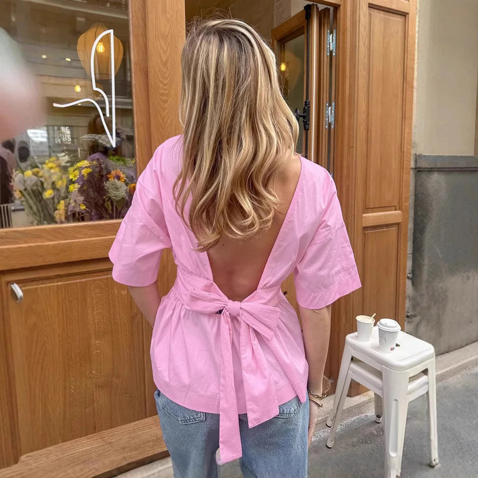 Chic Bow Backless Pleated Top