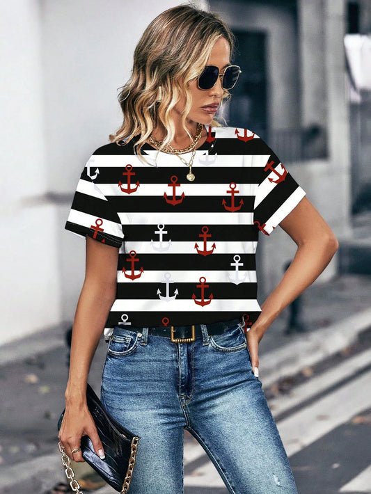 Chic Anchor Stripe Casual Tee