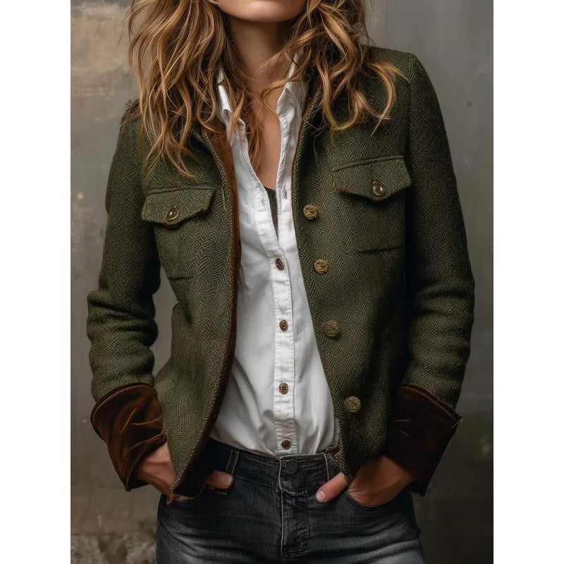 Women’s Retro Herringbone Tweed Blazer with Velvet Trim