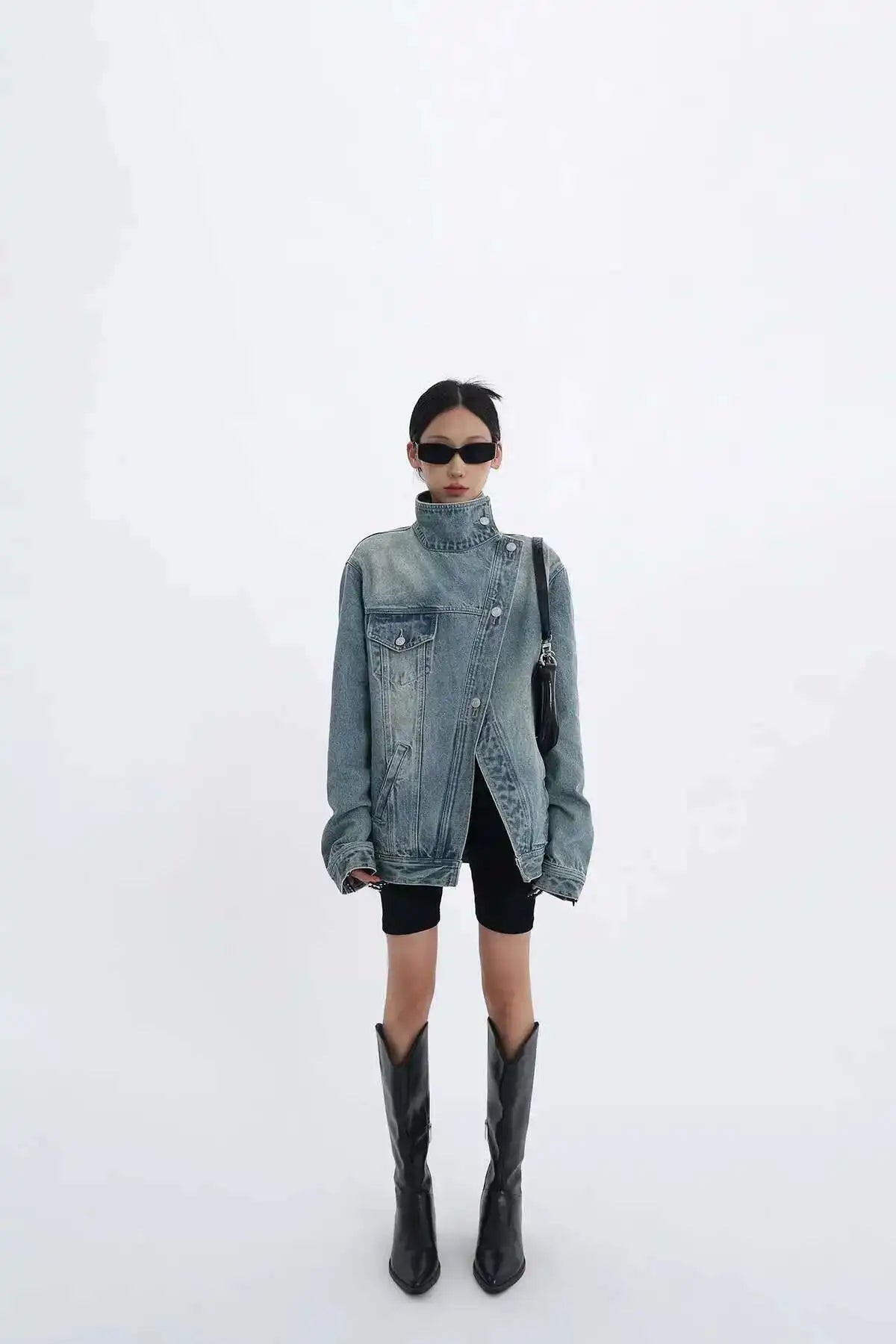 Denim Charm Patchwork Turtleneck Coat