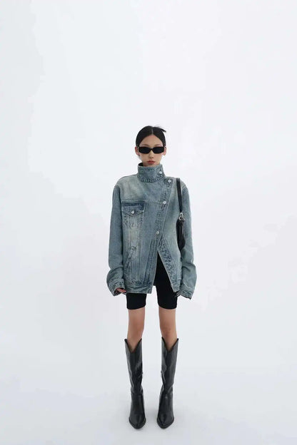 Denim Charm Patchwork Turtleneck Coat