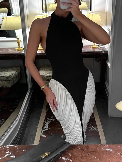 Elegant Patchwork Halter Midi Dress