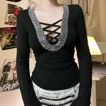 Glam Splice Sequin V-Neck Slim Top