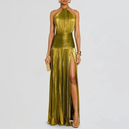 Gold Halter High Split Gown