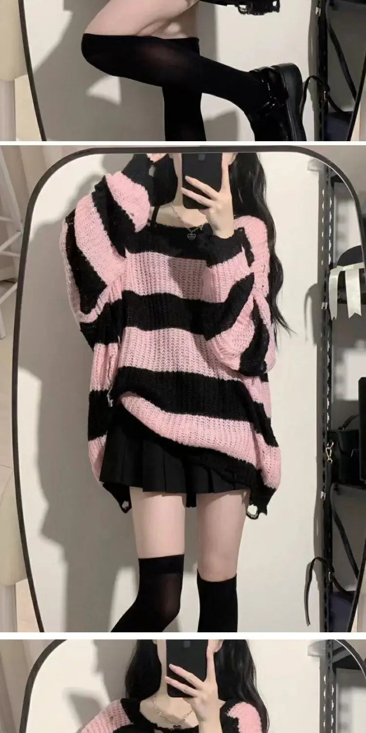 Black & Pink Striped Knitted Sweater