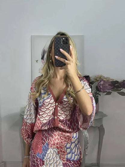 Sophisticated Printed V-Neck Skirt Set