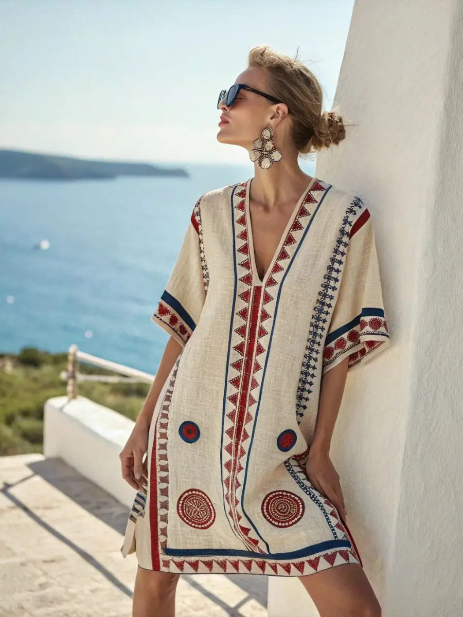 Coastal Bloom V-Neck Holiday Dress
