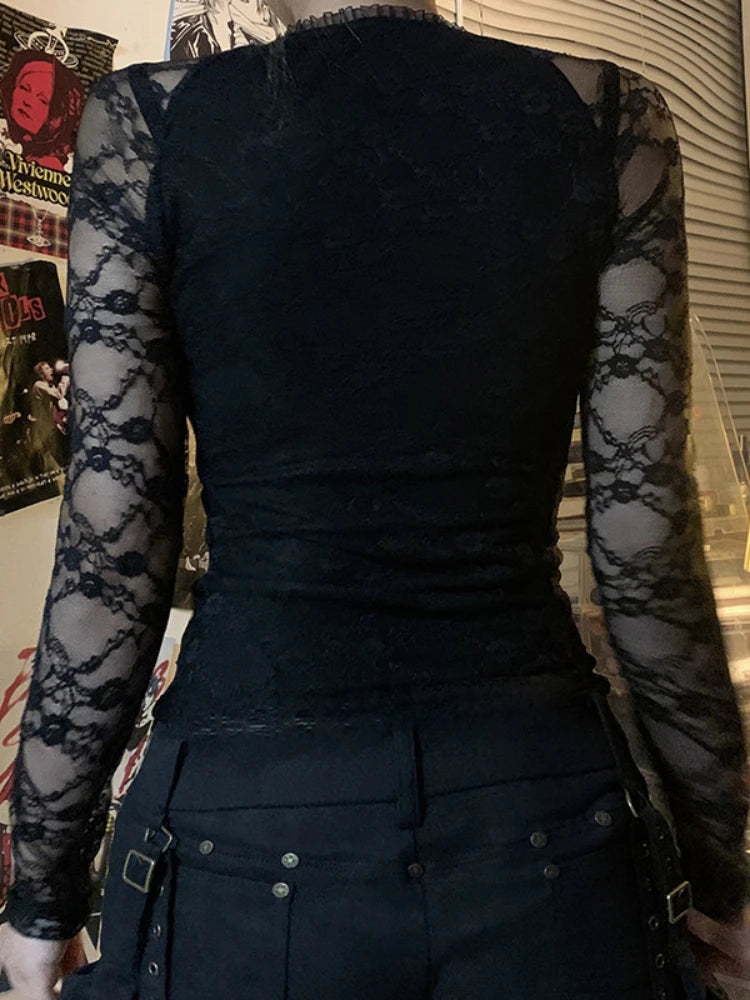 Goth Lace Sheer Patchwork Crop Top