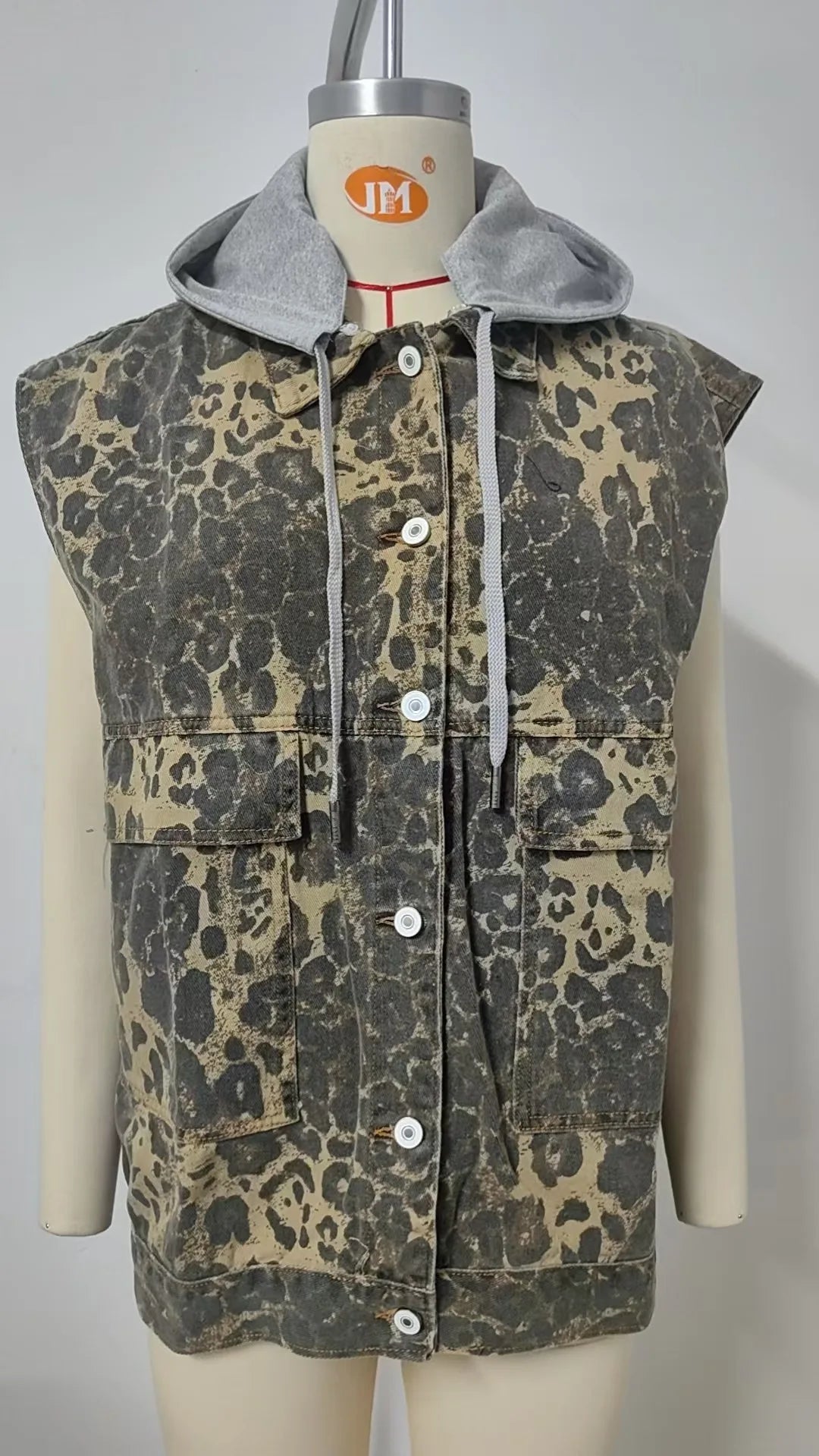 Leopard Denim Hooded Vest Jacket