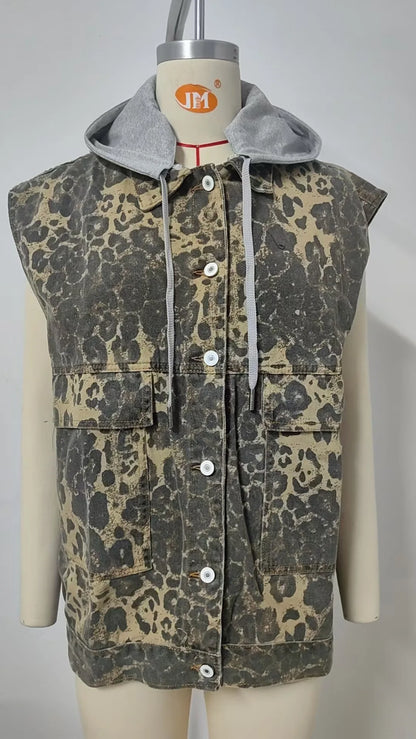 Leopard Denim Hooded Vest Jacket