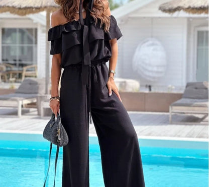 Off-Shoulder Frill Hem Jumpsuit