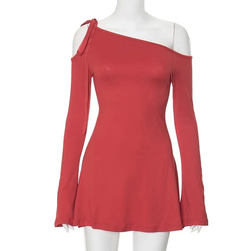 Autumn Slant Collar Dress — Stylish Full Sleeve Mini