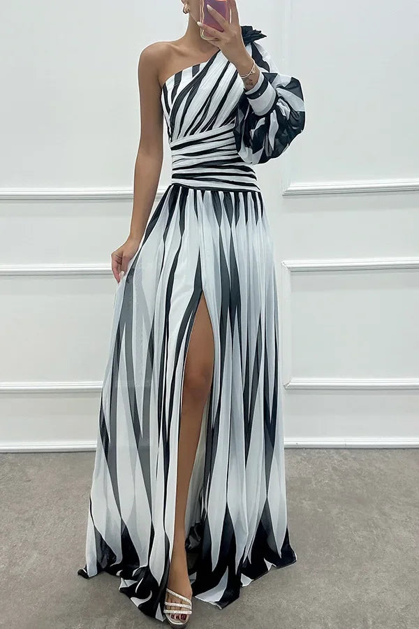 Striped Allure One-Shoulder Dress