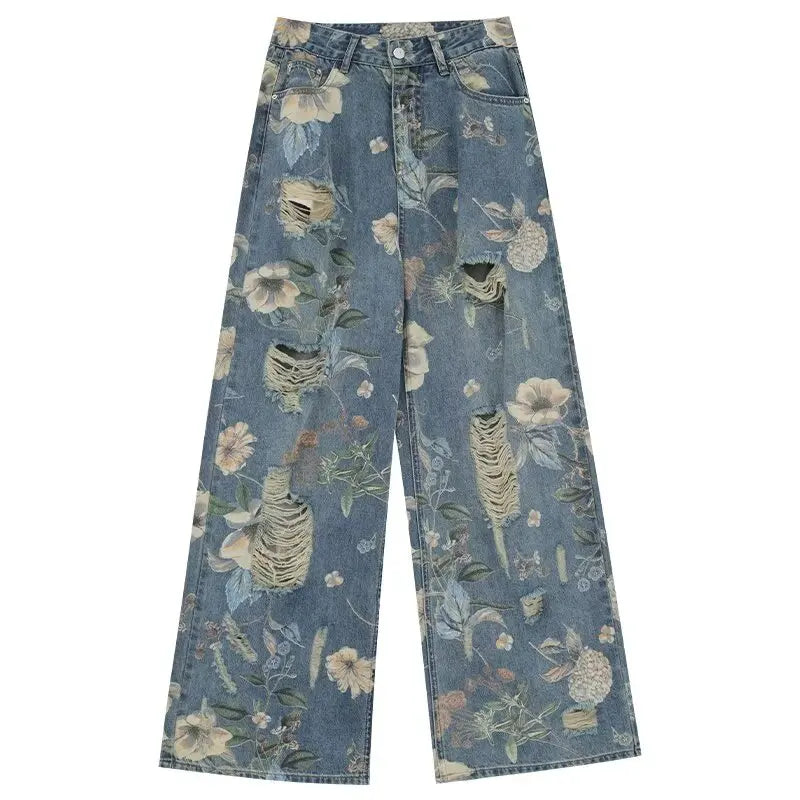 Vintage Floral Ripped Wide Leg Jeans