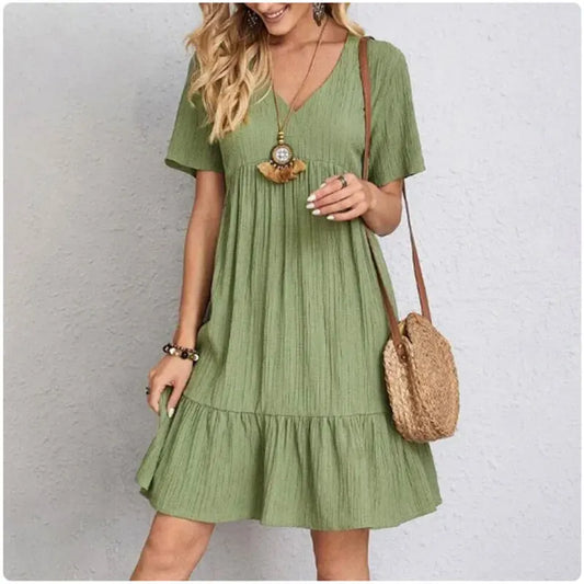 Solid V-Neck Beach Dress