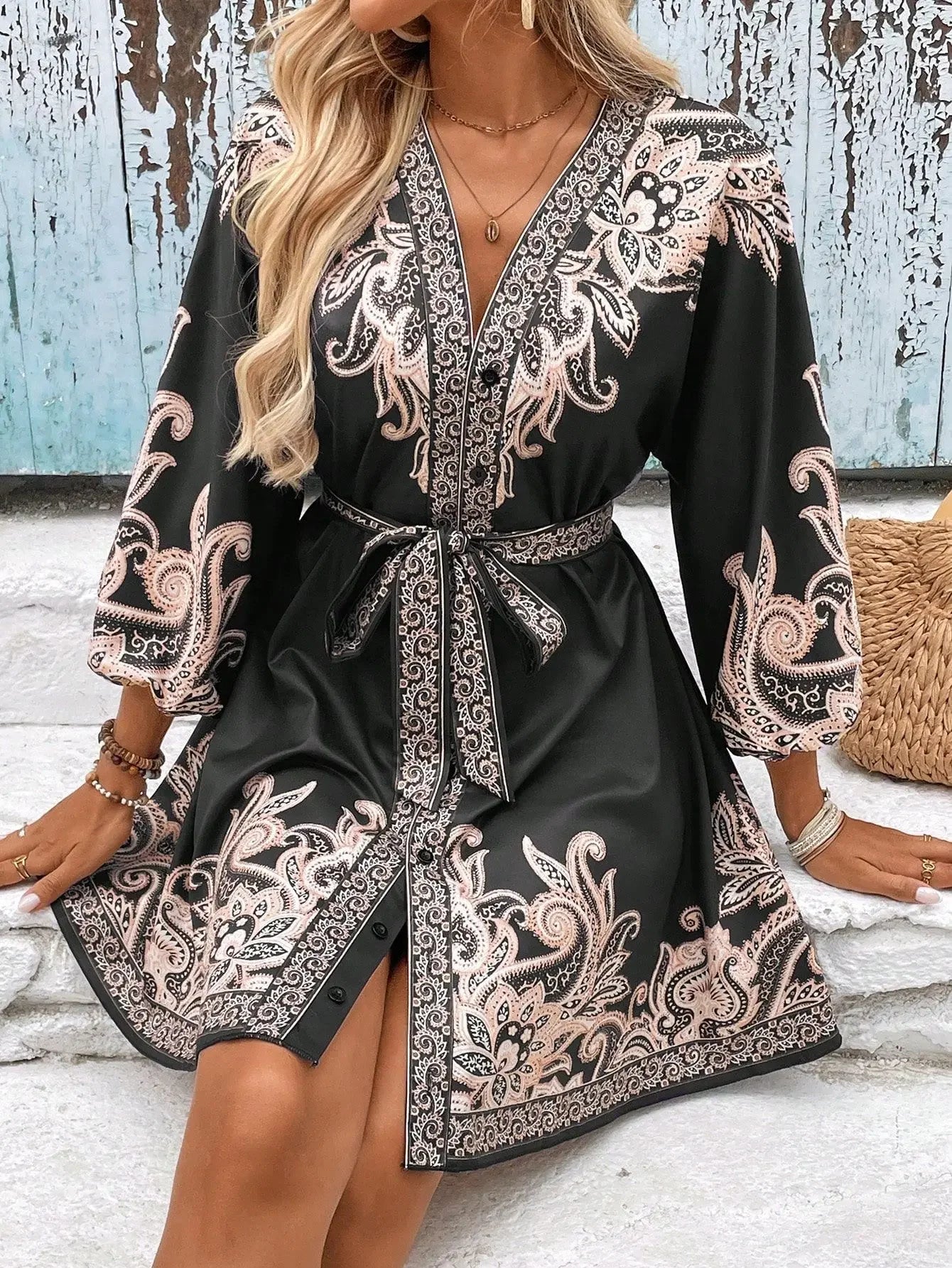 Golden Breeze V-Neck Tie Dress
