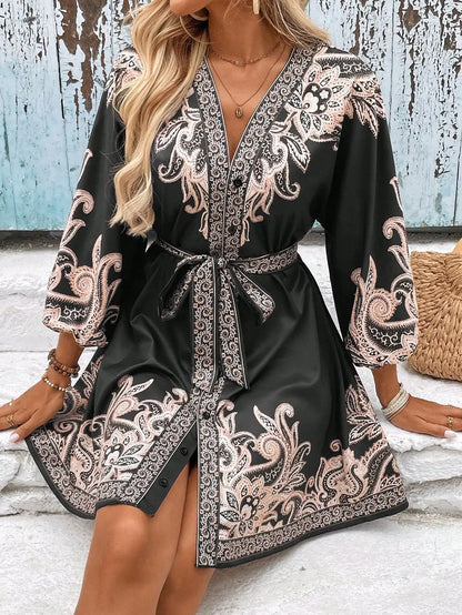 Golden Breeze V-Neck Tie Dress