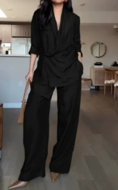 Casual Pleated Blouse Pants Set