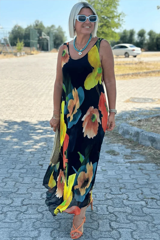 Silken Bloom U-Neck Maxi Dress