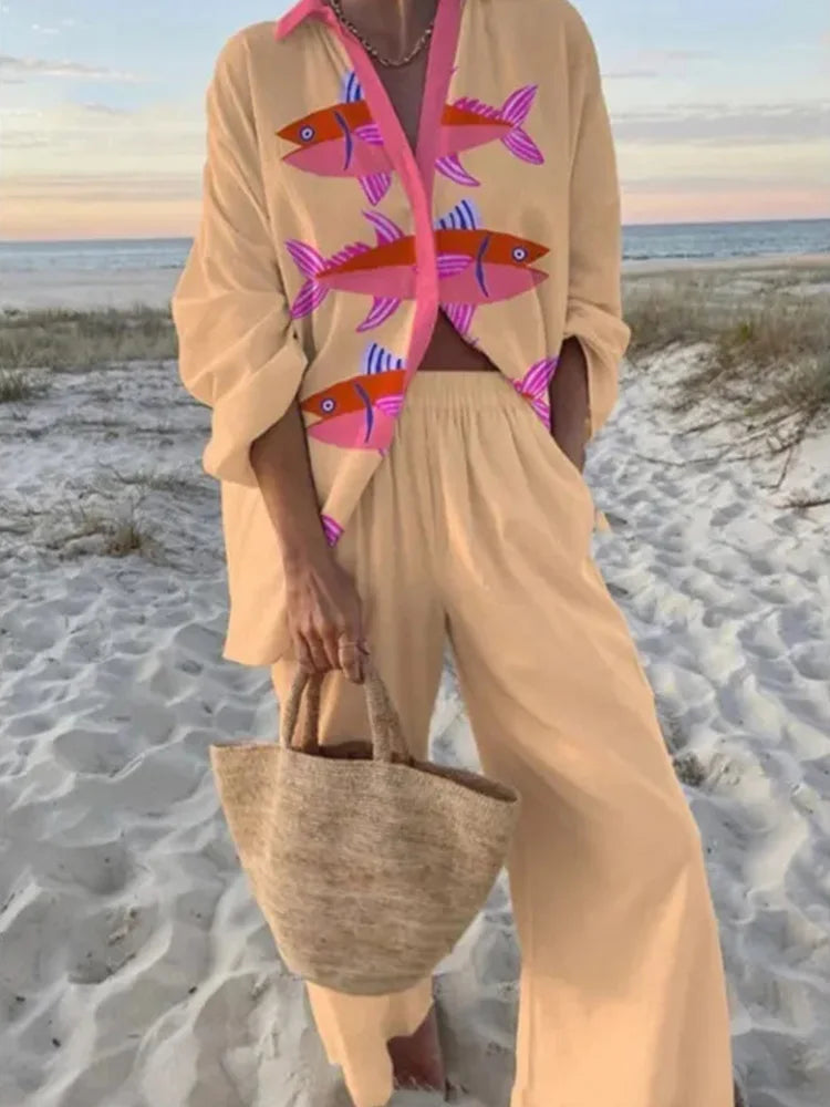 Tropical Print Lace-Up Pant Set