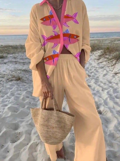 Tropical Print Lace-Up Pant Set