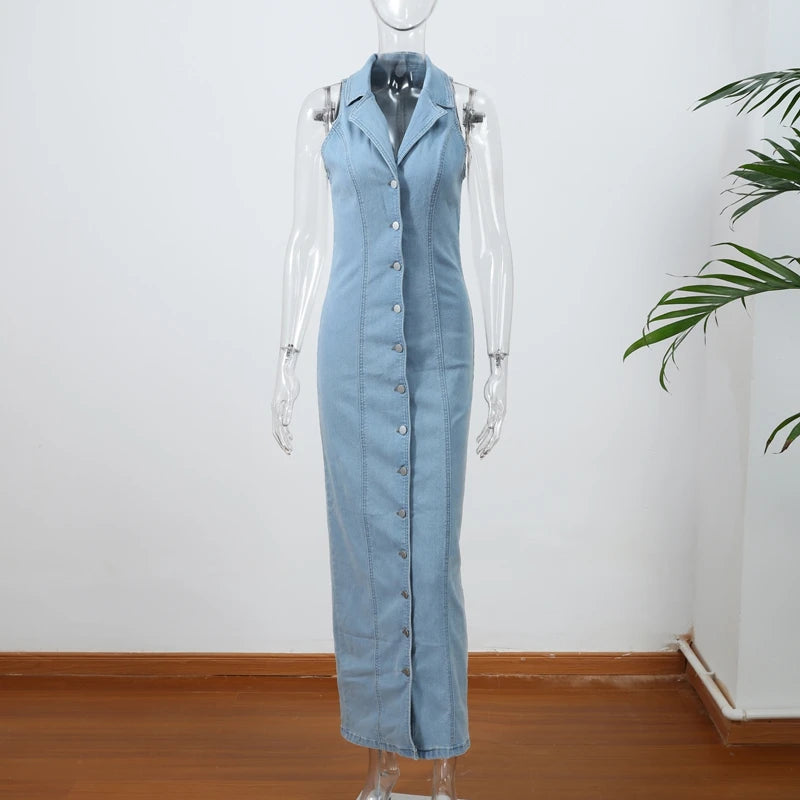 Urban Edge Denim Slit Maxi Dress