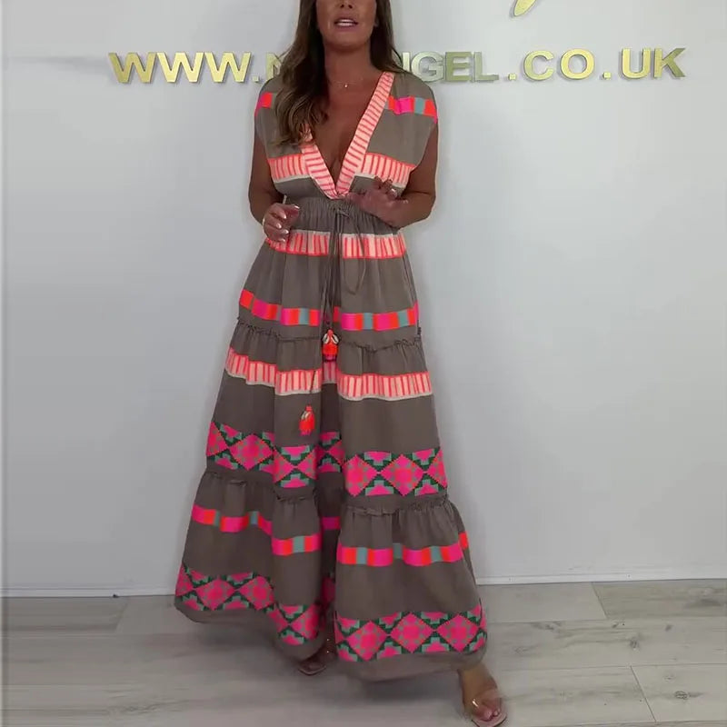 Boho Tassel V Neck Long Dress