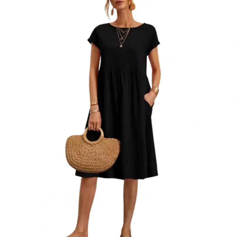 Women’s Vintage O-Neck Casual Summer Dress with Pockets