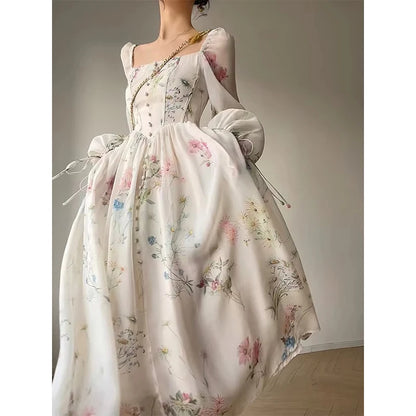 Vintage Square Neck Floral Dress