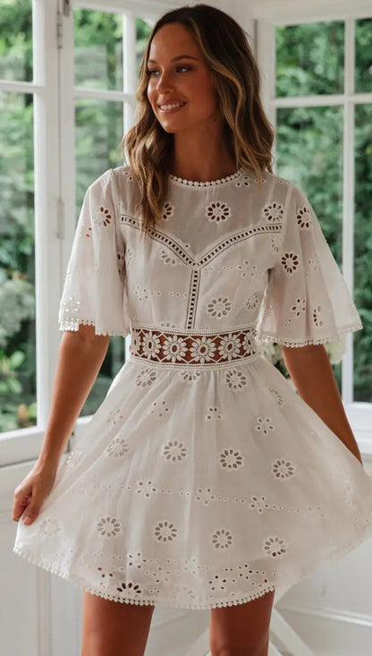 Embroidered Bloom Backless Cotton Dress