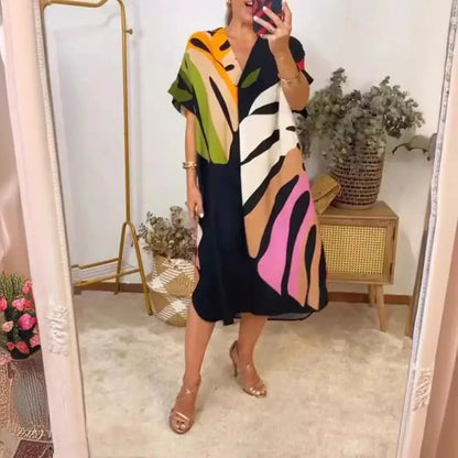 Printed V Neck Loose Summer Dress