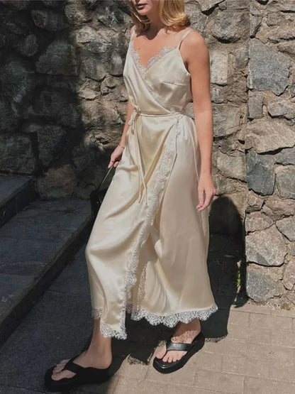 Satin Glow Lace Splice Dress