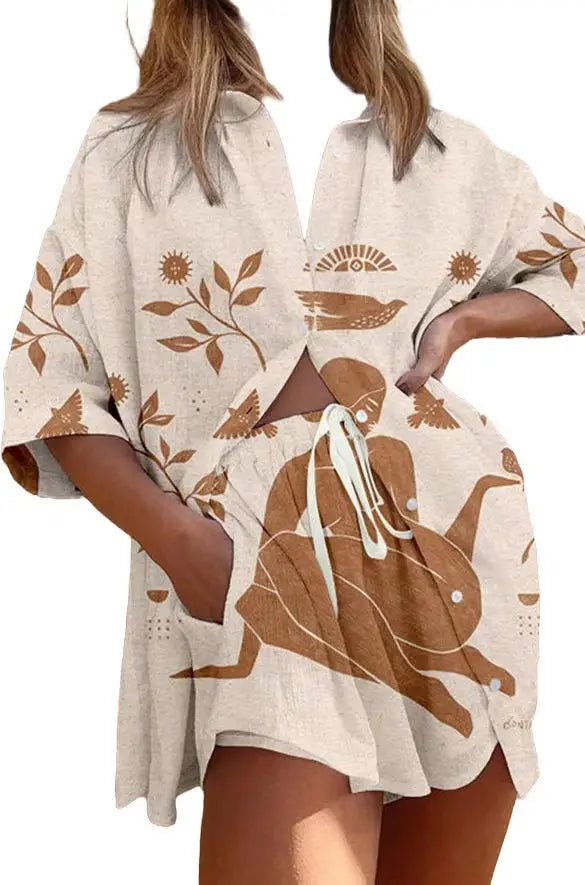 Printed Button Shirt and Shorts Set