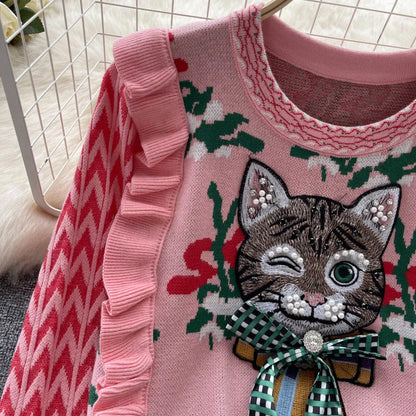 Whimsical Charm Cat Embroidered Sweater