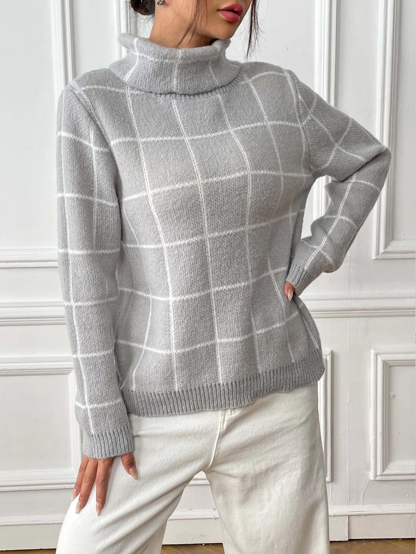 Plaid Muse Turtleneck Knit Sweater