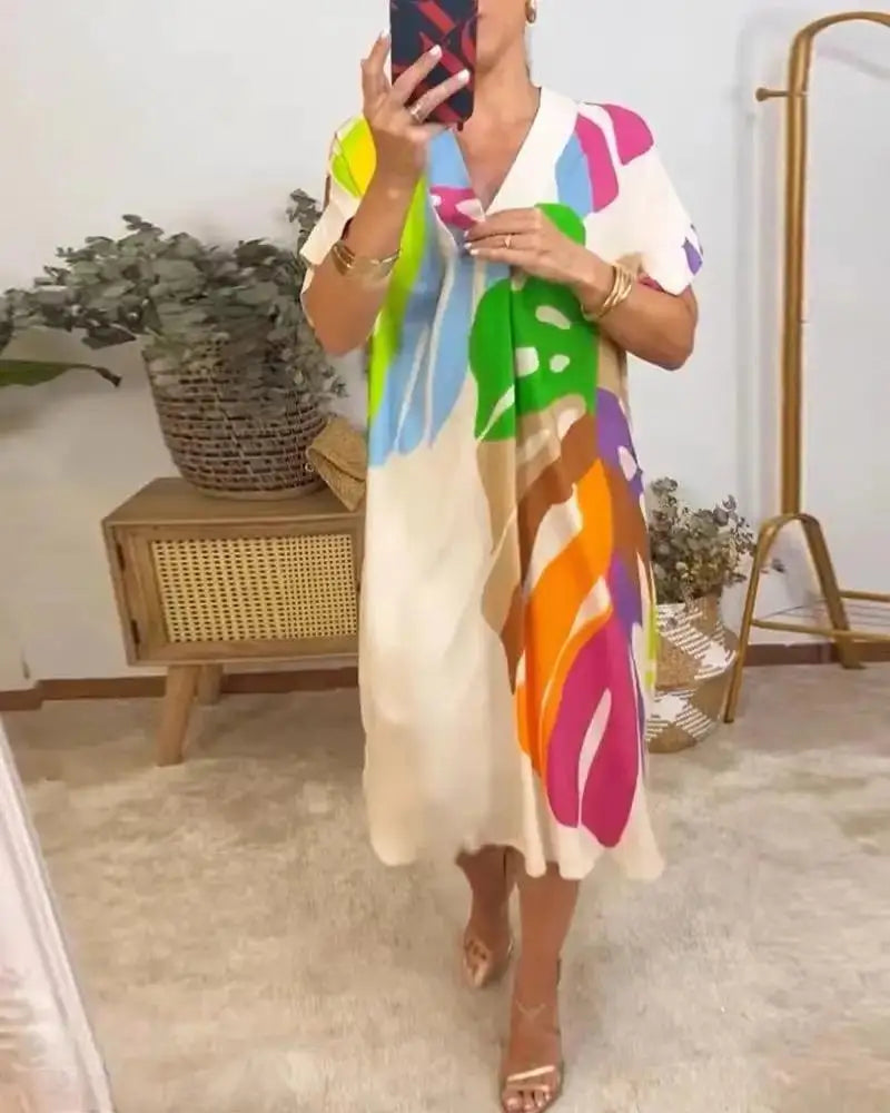 Printed V Neck Loose Summer Dress
