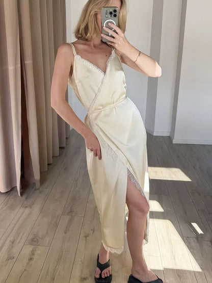 Satin Glow Lace Splice Dress