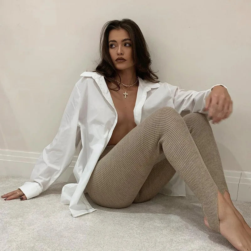 Beige Ribbed Knit Leggings