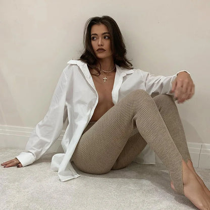Beige Ribbed Knit Leggings
