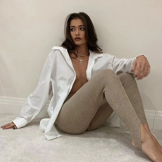 Beige Ribbed Knit Leggings